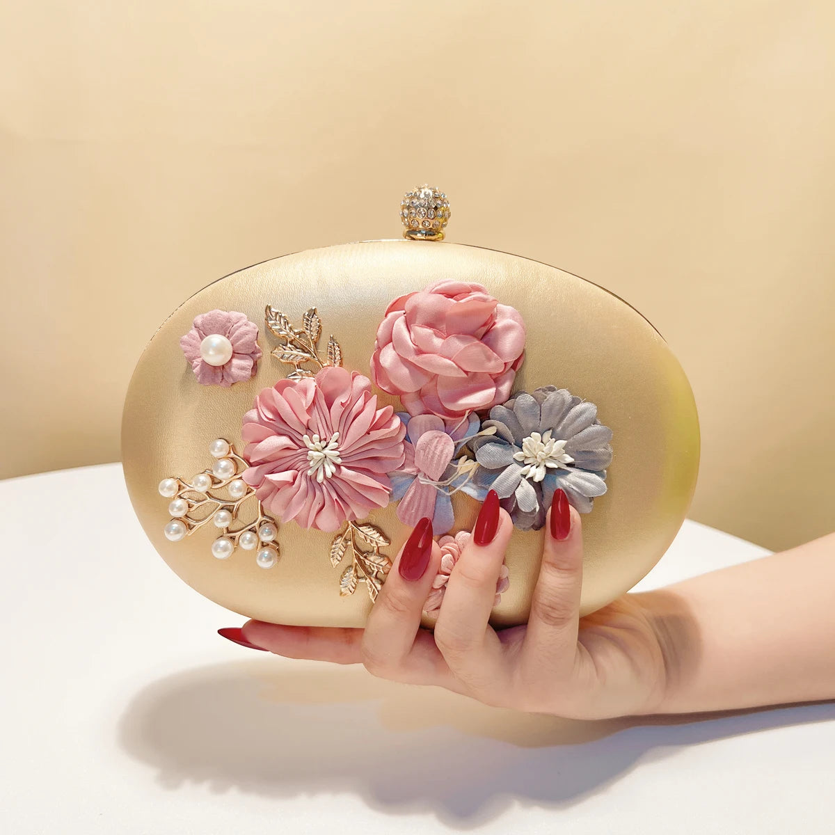 Flower Evening Bags Pink Color Women Small Clutch Purse With Chain Shoulder Flap Design Diamonds Beading Box