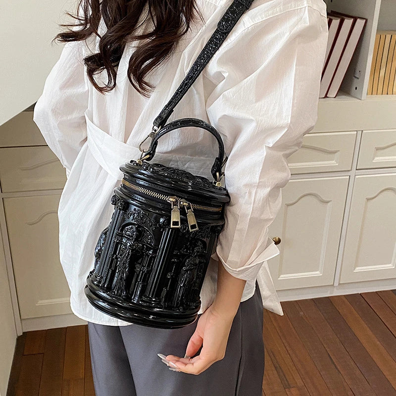 Baroque Style 3d Embossed Bucket Bag Creative Sculptural Cylinder Handbag Unique Retro Artistic Design Crossbody Purse For Women