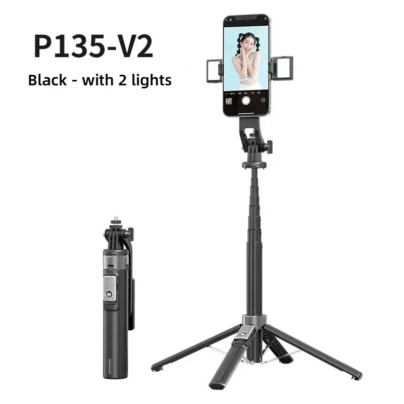 P130/P135 Selfie Stick 1.35m Extendable Four-Legged Stable Selfie Stick Rechargeable Wireless Remote for Live and Selfie