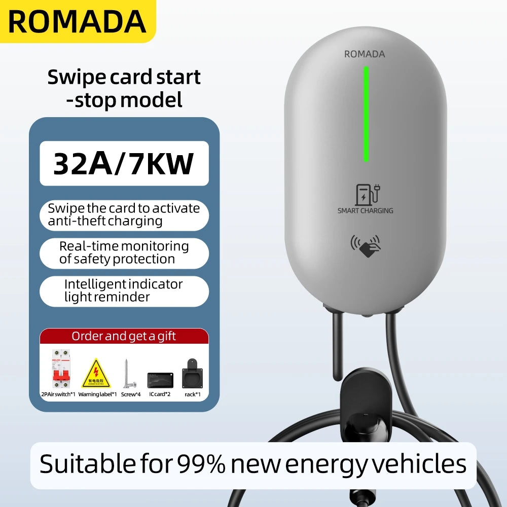 ROMADA EV Charger IEC62196 Type2 EVSE Wallbox 32A 7 KW 1Phase Adapter Bluetooth APP Control for Electric Vehicle Car With CE