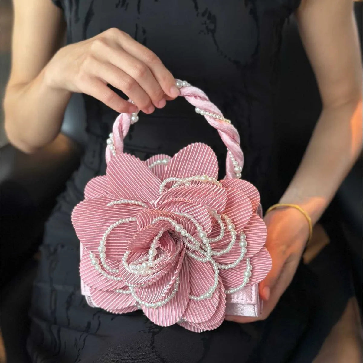 retro burgundy twist pearl cheongsam bag rose three-dimensional pink flower bag fairy bag diagonal straddle girl