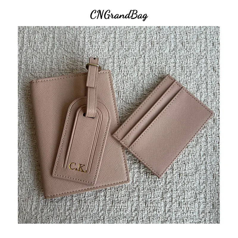 Free Custom Name Initial Gift Box Set Classic Saffiano Pattern Passport Cover  Luggage Tag Cardholder Travel Accessories