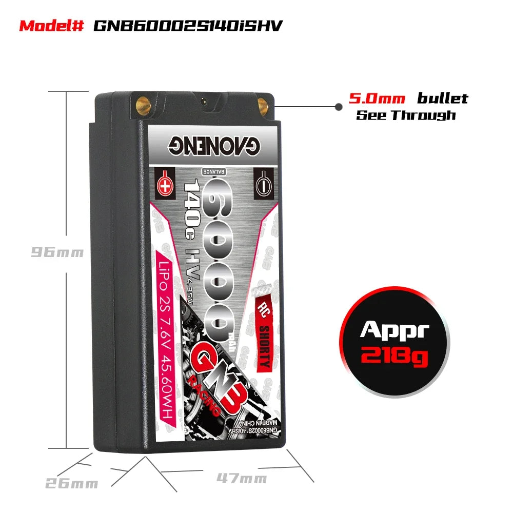 GAONENG GNB 4600/6000/6300mAh 2S 7.6V 140C 280C HV Hardcase SHORTY GNB LiHV Battery With 5.0mm Bullet XT60/T For 1/10 RC Car