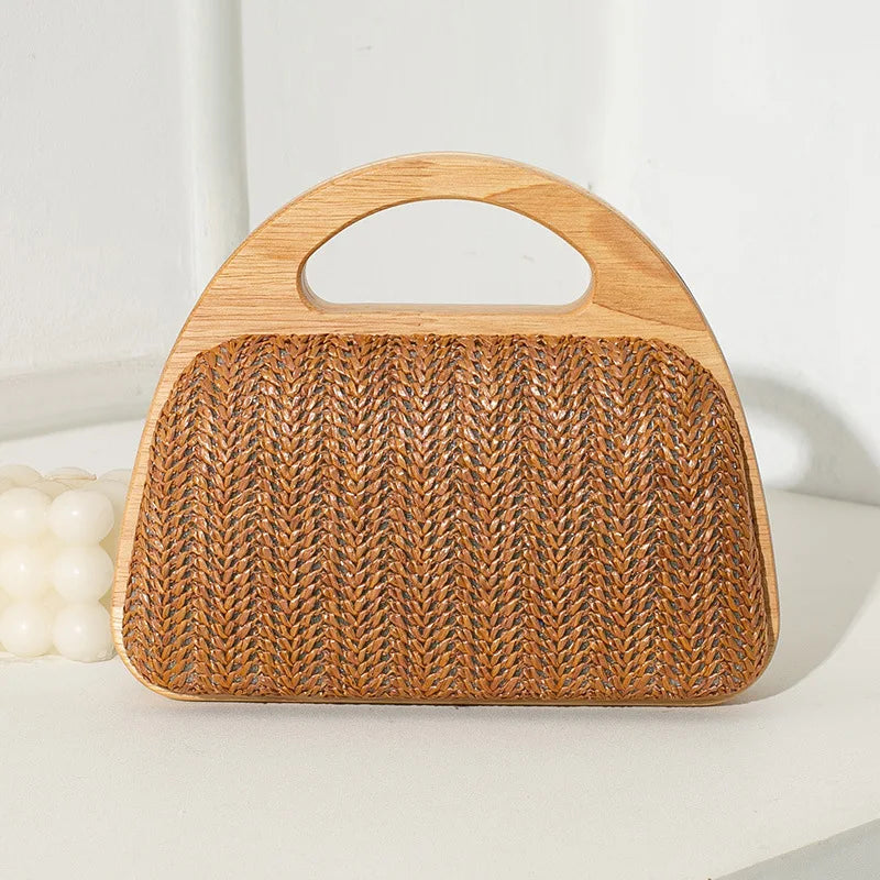 New Crescent Solid Wooden Handle Dinner Bag Summer Straw Woven Handbag Chain Shoulder Crossbody Bag Travel Beach Shopper Purses