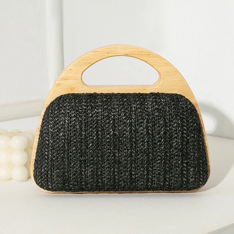 New Crescent Solid Wooden Handle Dinner Bag Summer Straw Woven Handbag Chain Shoulder Crossbody Bag Travel Beach Shopper Purses