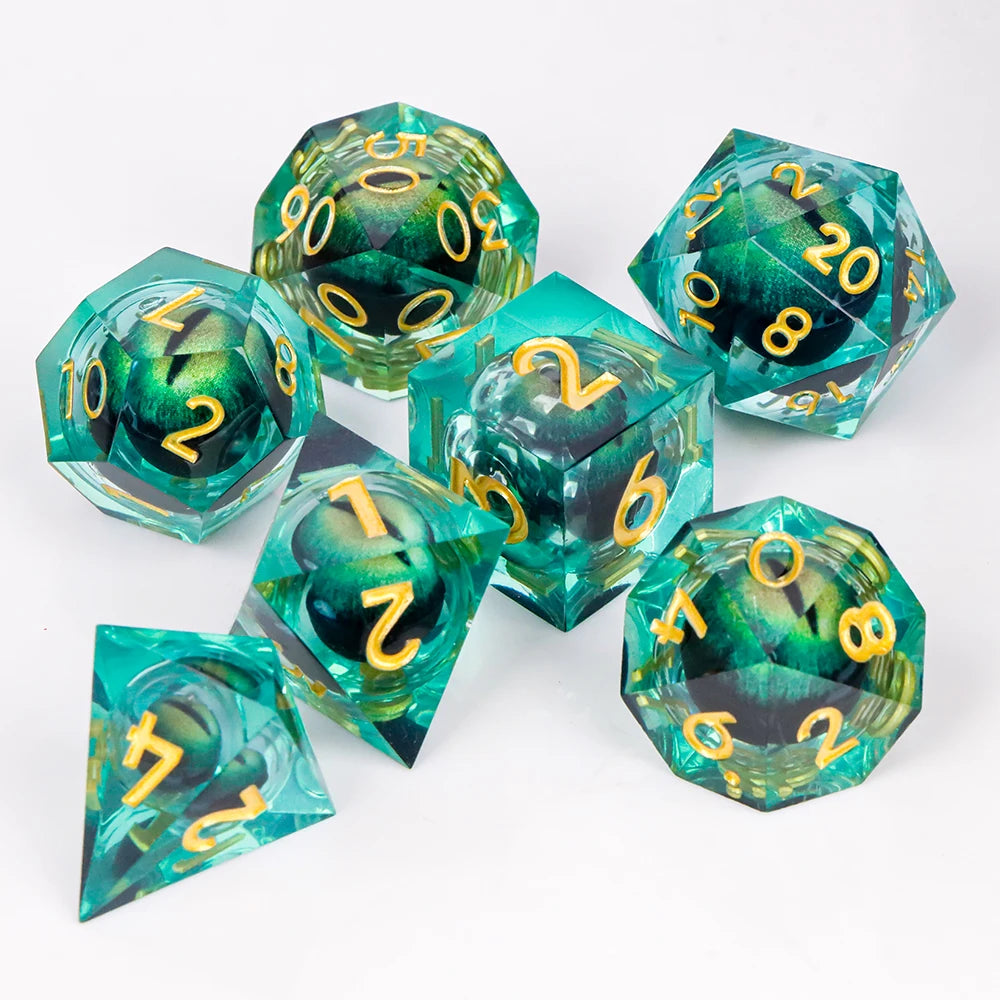 Dragon Eye Dice Set with Full Liquid Core & Sharp Edge | for D&D, Pathfinder RPG | Metallic Resin Dungeon Master Dice | for Gift
