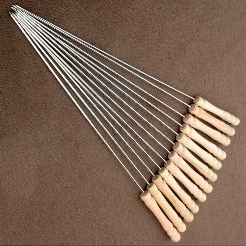 38CM Hot BBQ Skewers Long Handle Shish Kebab Barbecue Grill Sticks Wood BBQ Fork Stainless Steel Outdoor Bold Round Sign Needle