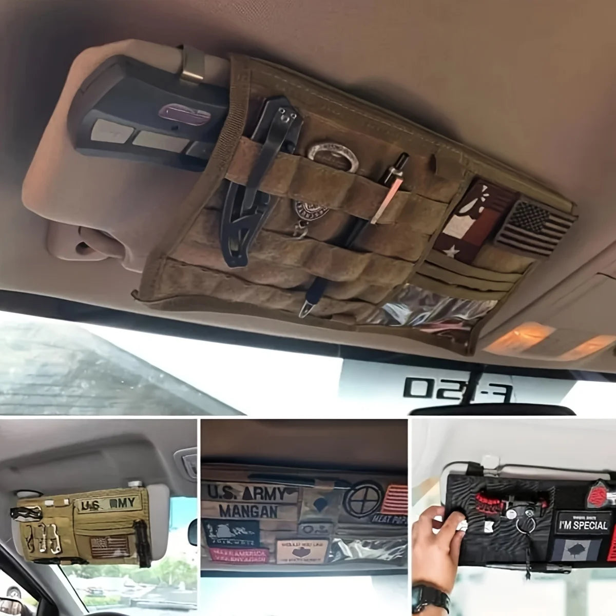 Car Sun Visor Storage Bag Double-Sided Storage, Tactical Army Outdoor Design, Perfect for Pickup Trucks & Large Vehicles