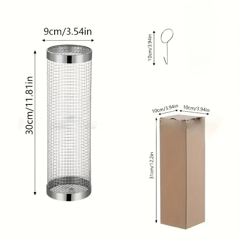 2pc Stainless Steel Rolling Grill Basket Set - Heavy Duty Cylinder Mesh for Camping, Picnic & Outdoor BBQ Accessories