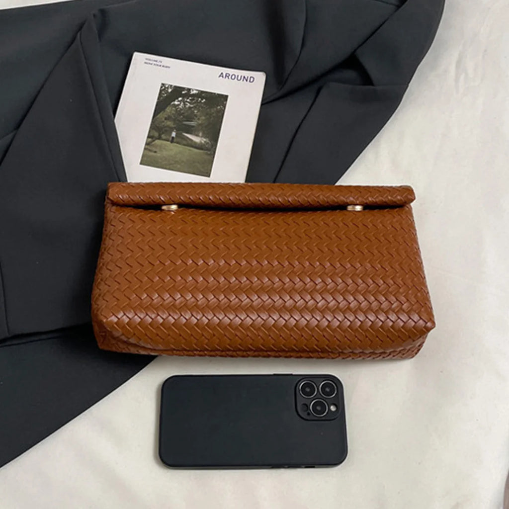 Braided Texture Fashion Retro Solid Color Clutch Bag PU with Lightweight Magnetic Closure Water Resistant for Daily Use
