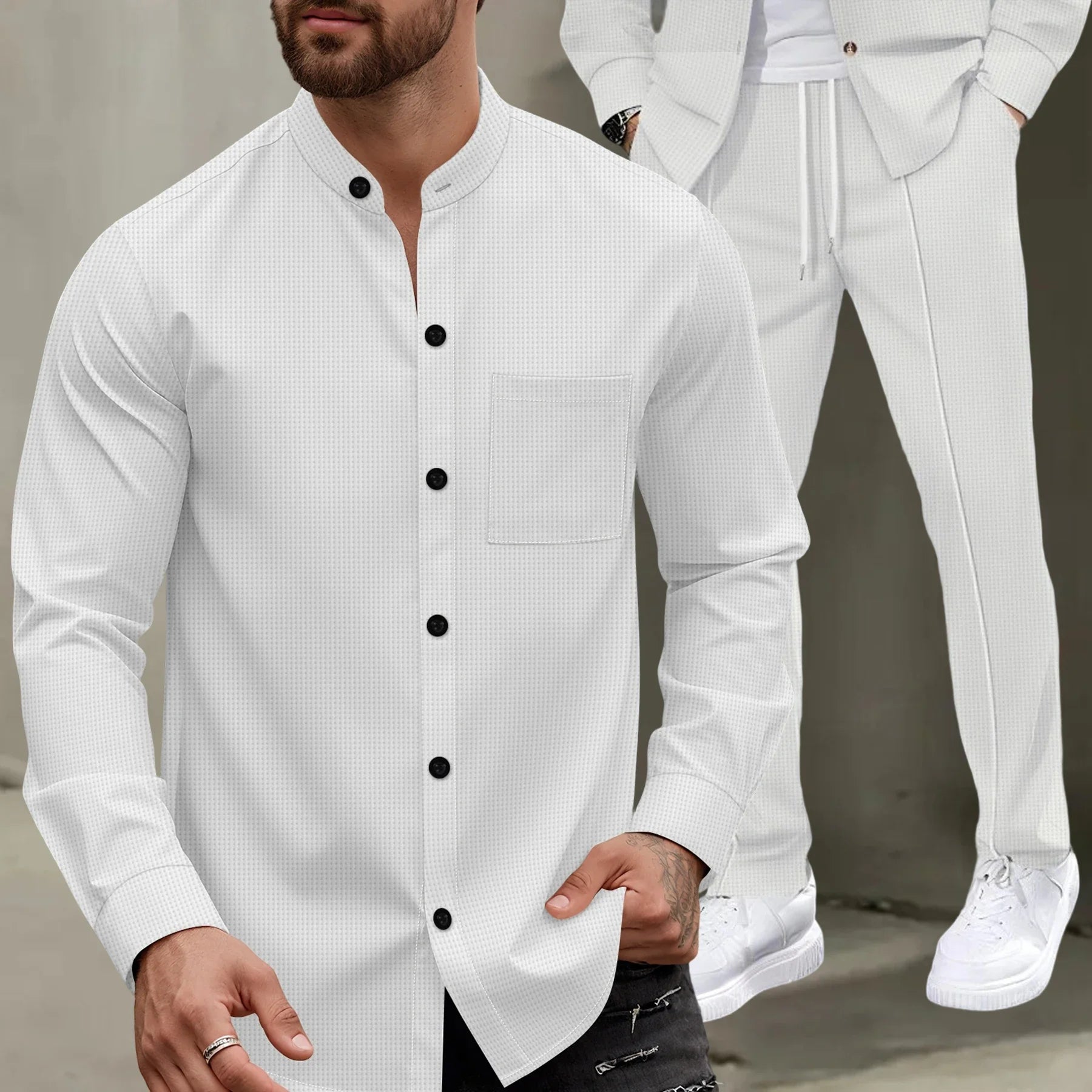 Men's Waffle-Knit Lounge Se Stand-Collar Long-Sleeve Jacket with Pockets&Drawstring Pants Versatile Comfortable Clothing Set for