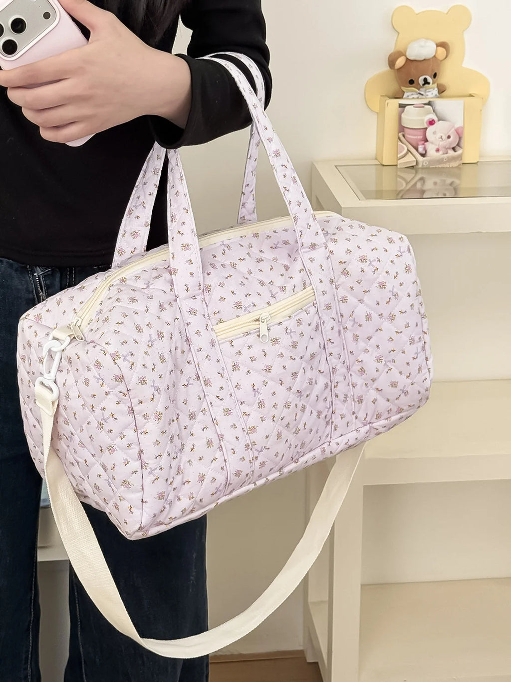 YT large-capacity lightweight luggage bag, hand-held crossbody Boston bag, small floral quilted travel bag, ins style