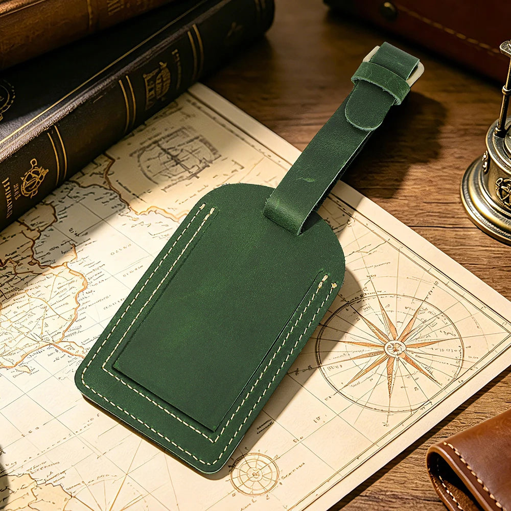 Vintage Crazy Horse Genuine Leather Luggage Tag Privacy Cover ID Address Label Adjustable Strap Suitcase Baggage Travel Accessor