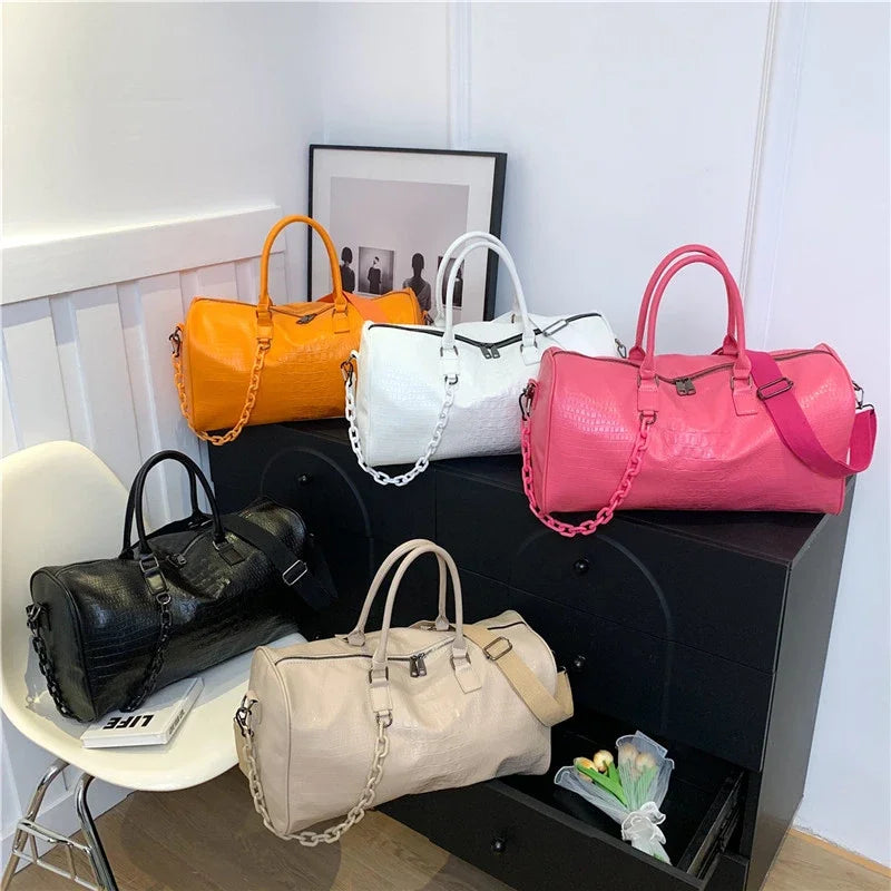 Solid PU Lightweight Large Capacity Women's Travel Bags Fashionable Sweet Fitness Handbag Short Distance Shoulder Luggage Bag