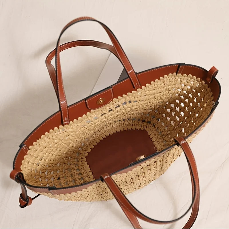 Large Capacity European and American Woven Shoulder Bag, New Basket Hand Tote, Fashion Woven Bag for Beach Vacation