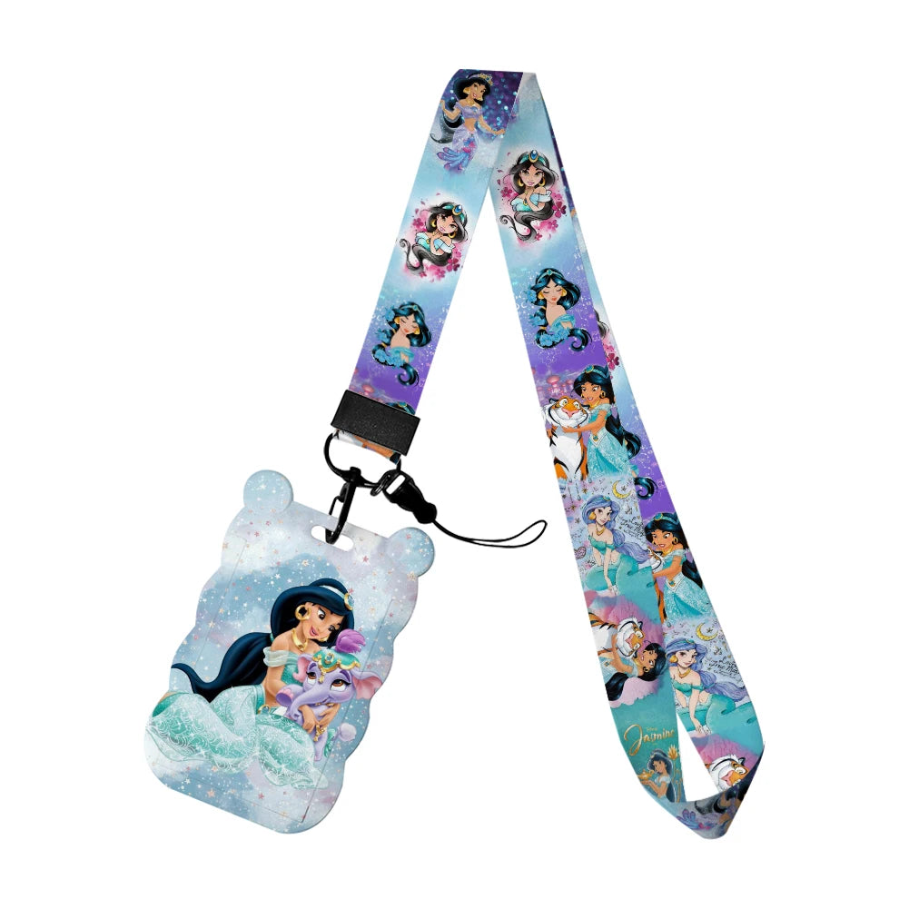 Disney Jasmine Princess Irregular Head Shape Badge Holder Lanyard Keys Chain ID Credit Card Cover Bus Card Holder Glitter Charms