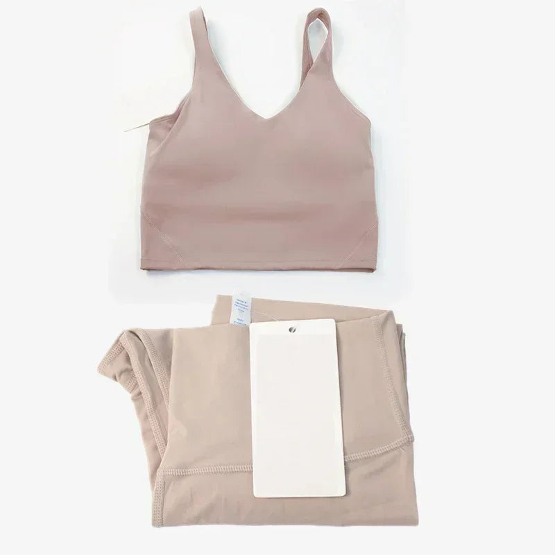 Classic women's 2-piece yoga outfit: U-shaped camisole top & high-waisted nude-feel leggings, suitable for fitness and workout.