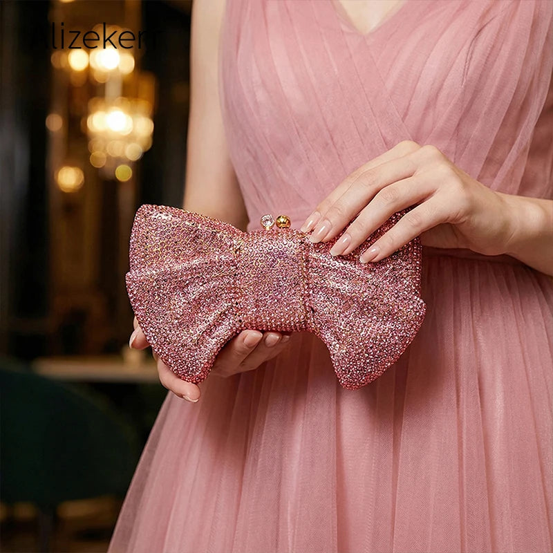 Alizekerr Bow Crystal Evening Bags Women Classy Sparkling Diamond Metal Clutch Purses And Handbags High Quality Wedding Party
