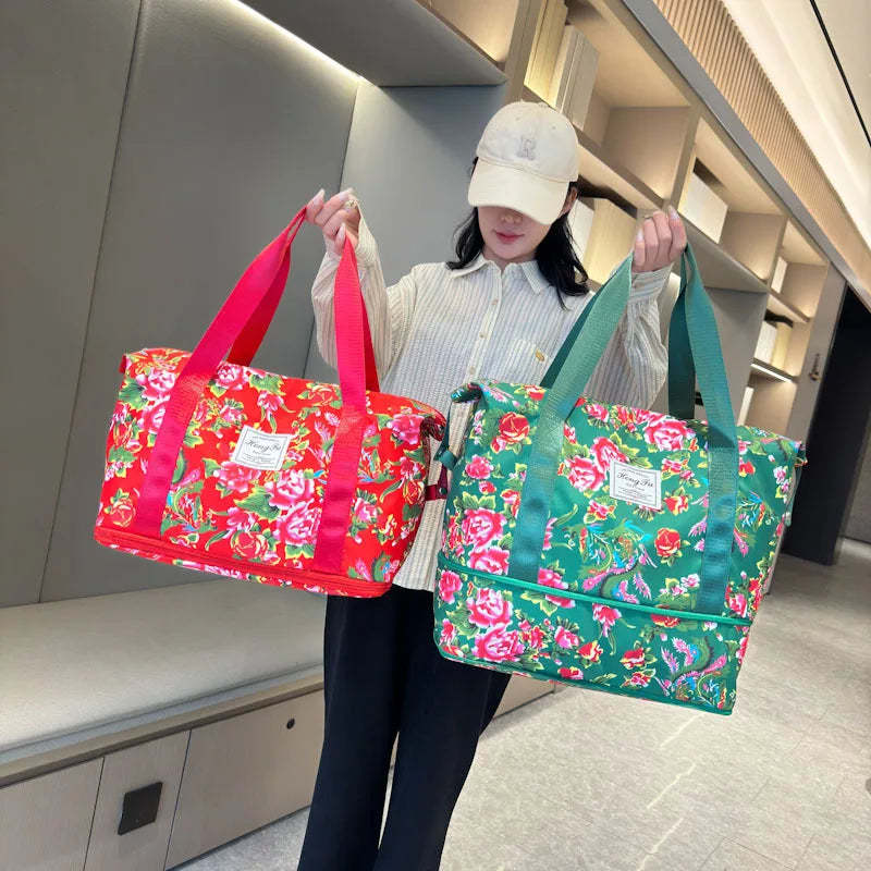 Travel Bag Northeast Big Flower Simple Business Trip Shoulder Bag Fitness Sports Storage Bag Expandable Unisex Oxford Cloth