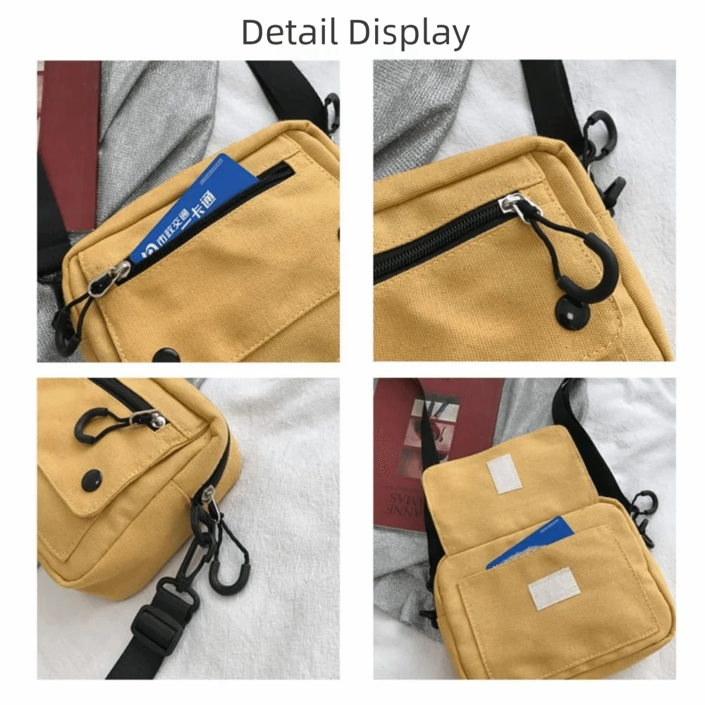 Korean Pure Color Canvas Shoulder Bag Zipper Canvas Mobile Phone Bag Multifunctional Casual Tote Handbag Women Men