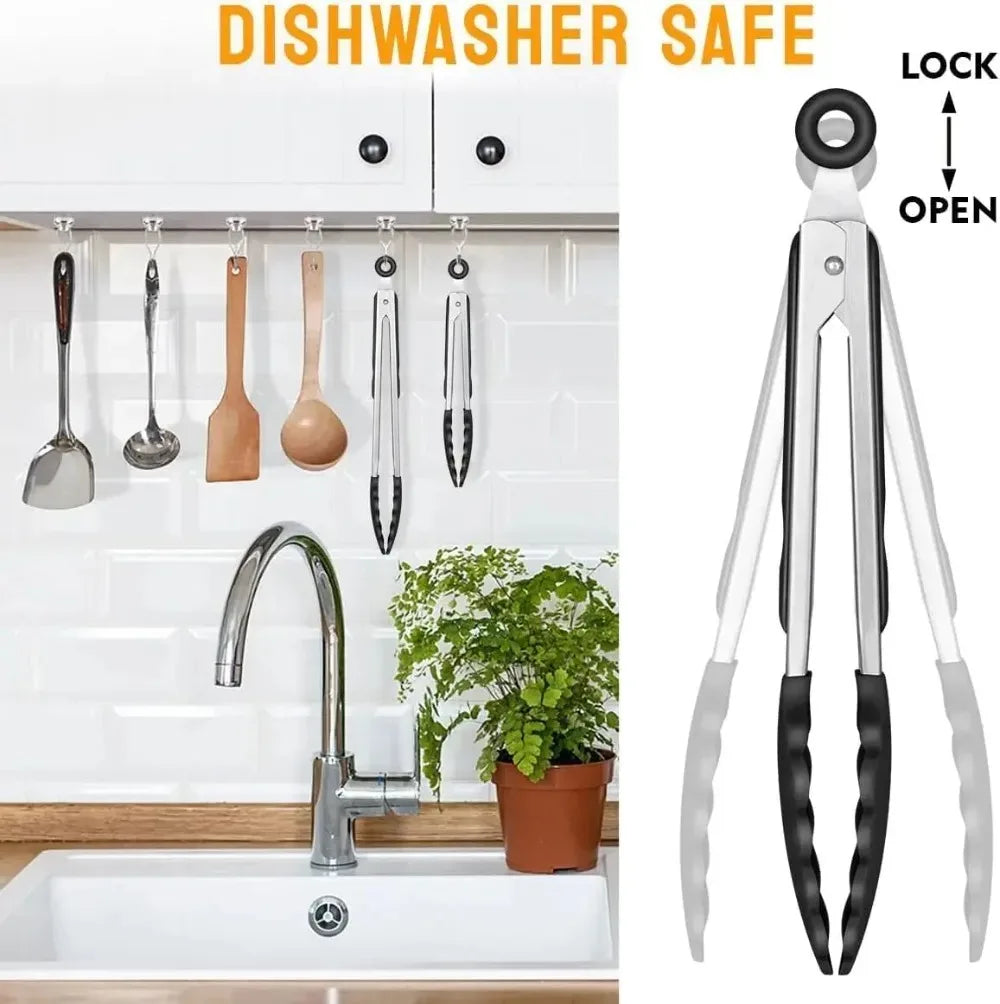 Multi-Size Lock Kitchen Tongs 7/9/12Inch Silicone Tip Heat Resistant Barbecue Gadget for Home Cooking Outdoor BBQ Use