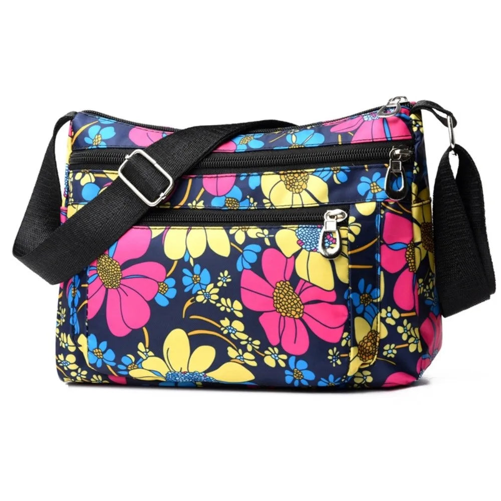 Fashion Nylon Women Shoulder Bag Floral Printed Large Capacity Messenger Bag Waterproof Multi-layer Pocket Handbag Mom