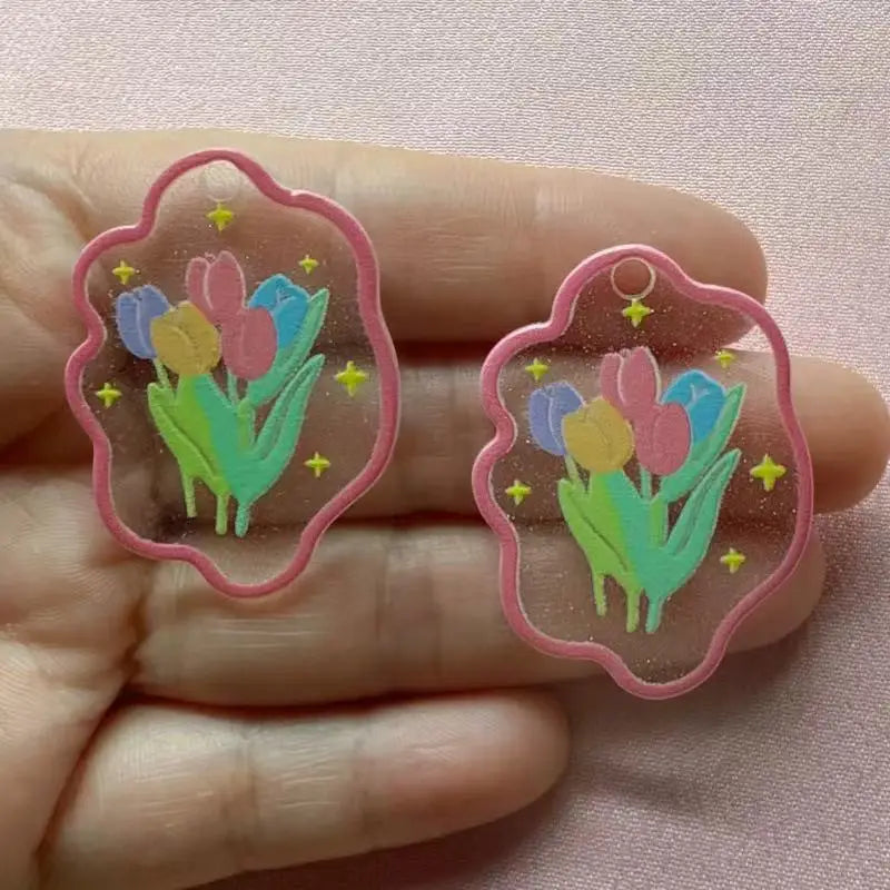 10pcs acrylic colored tulip relief printed pendant handmade DIY keychain earring pendant