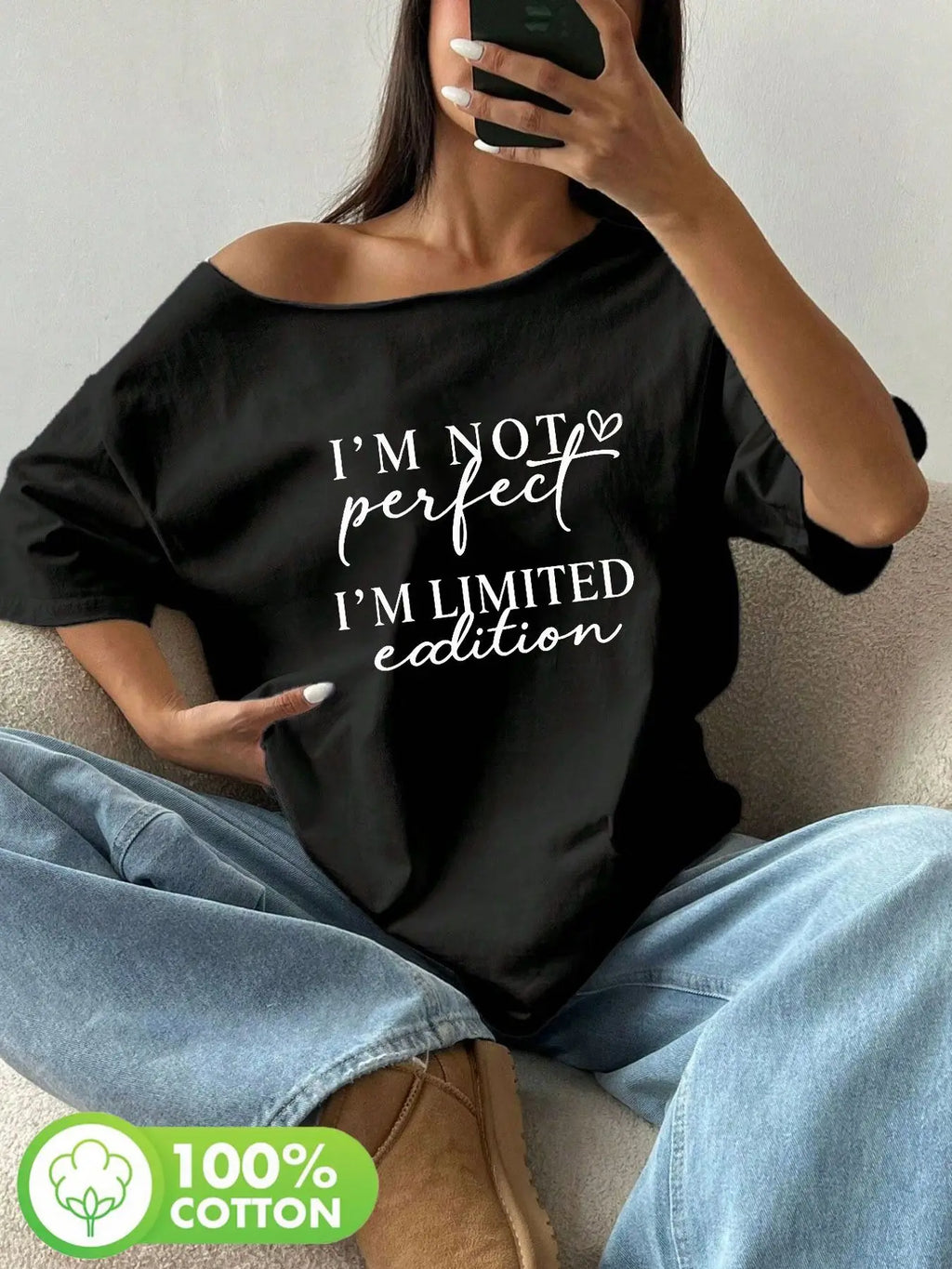Plus Size I'm Not Perfect Limited Flawed Graphic Tee Oversized Y2K Style Graphic Tees Women Tops Summer Off The Shoulder Top