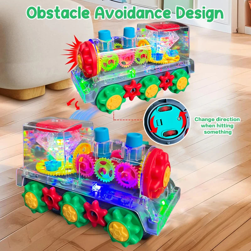 Kids Transparent Gear Train Toy with Colorful Light And Music Educational 360 Degree Rotating Walking Toy Gift for Children