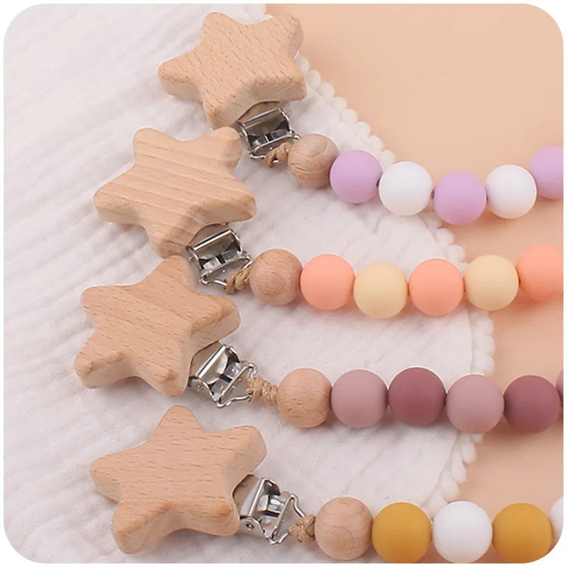 Baby Anti Drop Chain Beech Star Clips Toddles Soothing Teeth Silicone Beads Pacifier Chain Newborn Appease Infant Dummy Holder