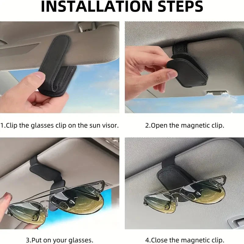 Car Sun Visor Glasses Clip Leather Car Sunglasses Holder Universal Eyeglasses Hanger Ticket Card Holder Car Interior Accessories