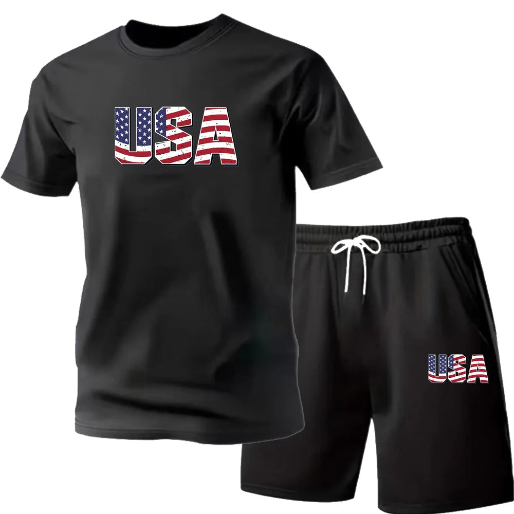 Men's new street fashion casual outdoor T-shirt shorts two-piece set 2026 men's summer outdoor sports breathable set