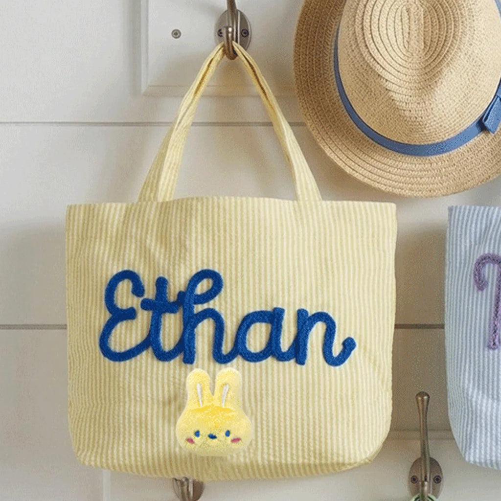 Custom Seersucker Cosmetic Handbag and Travel Organizer — Personalized Chenille Letter Toiletry Bag and Summer Beach Tote