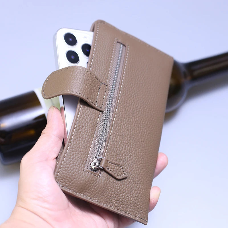 Genuine Leather Women Wallets Luxury Long Hasp Lychee Pattern Coin Purses Female Brand Solid Colors New Thin Clutch Phone Bag