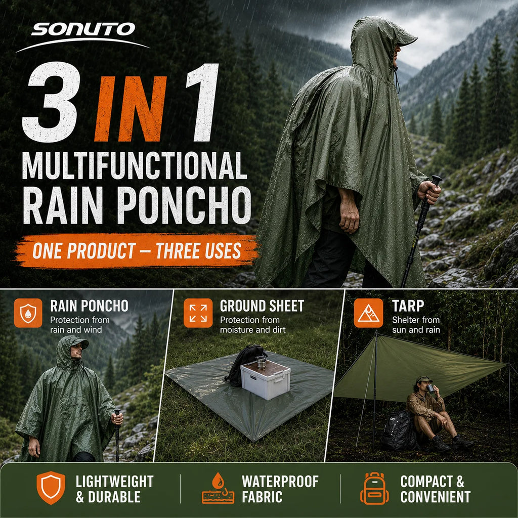 Sonuto Multifunctional Waterproof Camping Mat Rain Poncho Hooded Tarp Tent Ground Footprint Pack Cover Hiking Outdoor Shelter