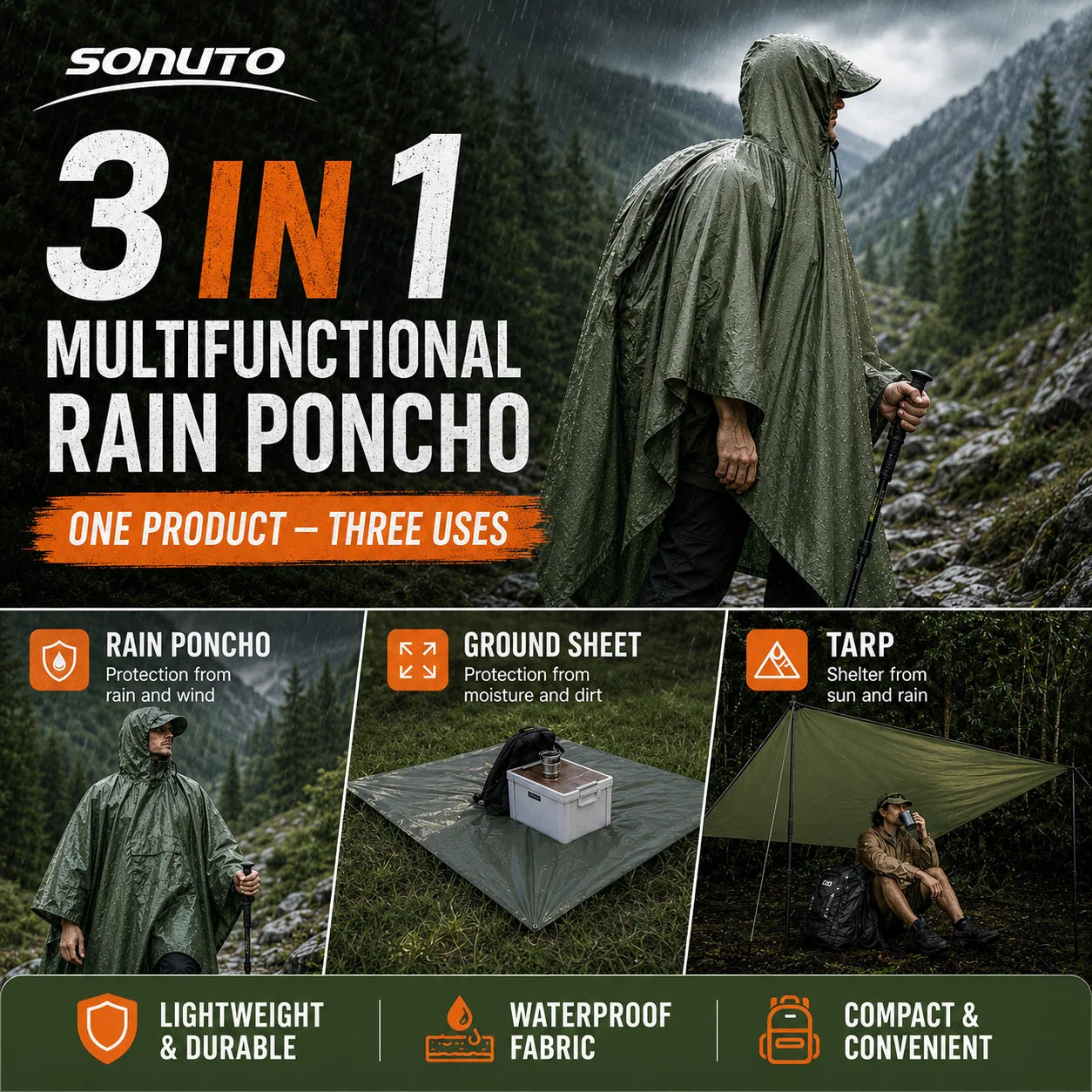Sonuto Multifunctional Waterproof Camping Mat Rain Poncho Hooded Tarp Tent Ground Footprint Pack Cover Hiking Outdoor Shelter