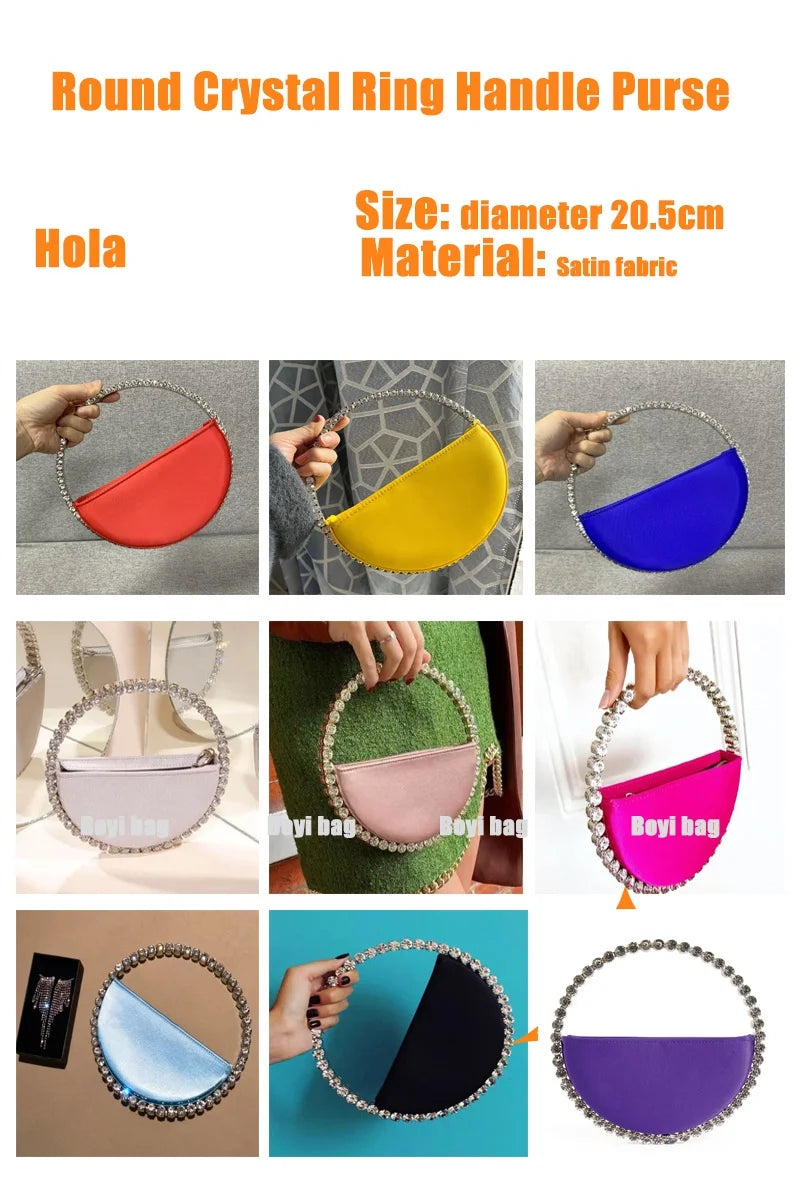 New Arrival Trendy Women Chic Round Satin Crossbody Hand Bag with Round Bling Crystal Handle Evening Party Bag Purse
