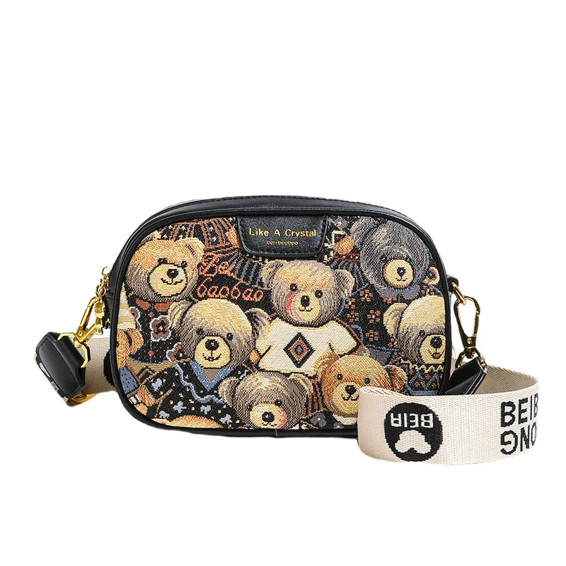 Beibaobao 2025 Summer New Canvas Fashion Women's Bag Bear Single Shoulder Crossbody Bag Casual Women's Bag