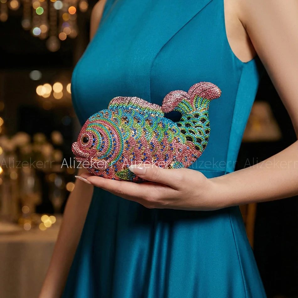 Alizekerr Goldfish Shaped Crystal Evening Bags Women Gorgeous Boutique Unique Crystal Metallic Purses And Handbags Wedding Party