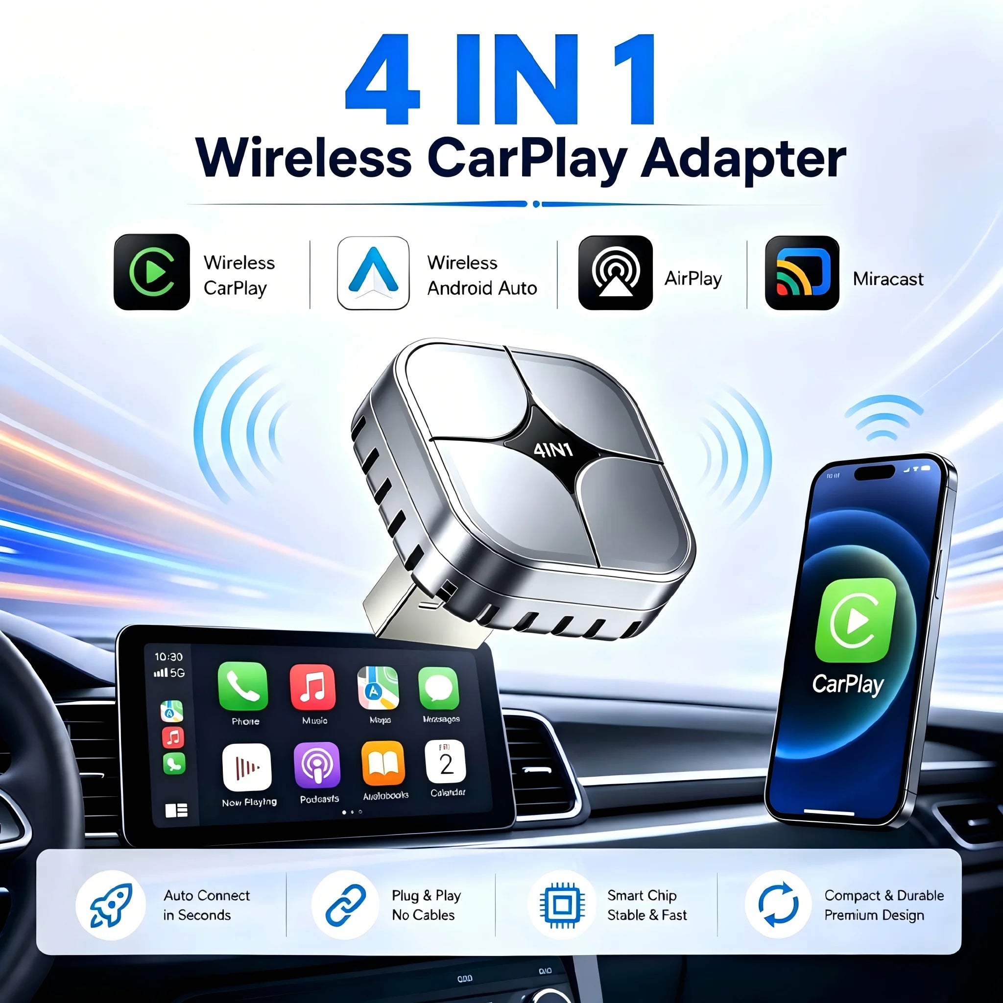 4 IN1 Car Wireless CarPlay Adapter Wired To Wireless Android Auto Dongle AirPlay Miracast Mirror Plug And Play Auto Connect