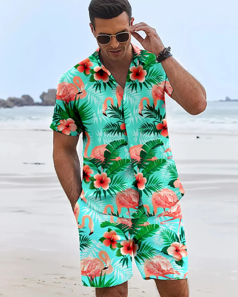 Funny 3D Flamingo Printed Men's Shirts Hawaiian Beach Vacation Short Sleeve Shorts 2 Piece Summer Hip Hop Trend Fashion Men Sets