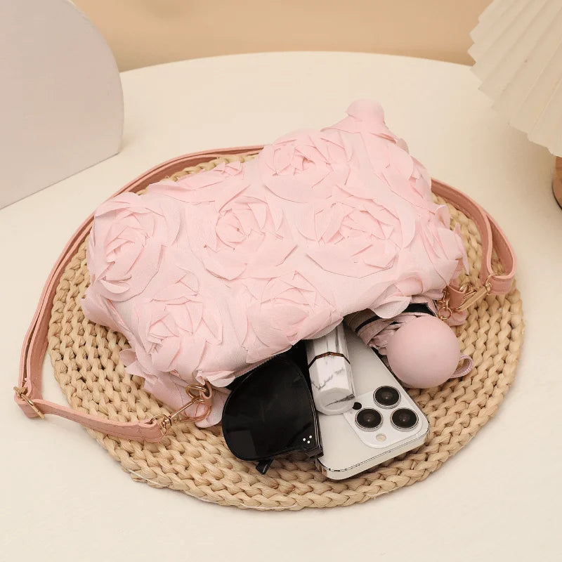 3D Rose Floral Crossbody Bag Faux Leather Zipper Closure Adjustable Strap Cylinder Shape Wedding Party Evening Purse