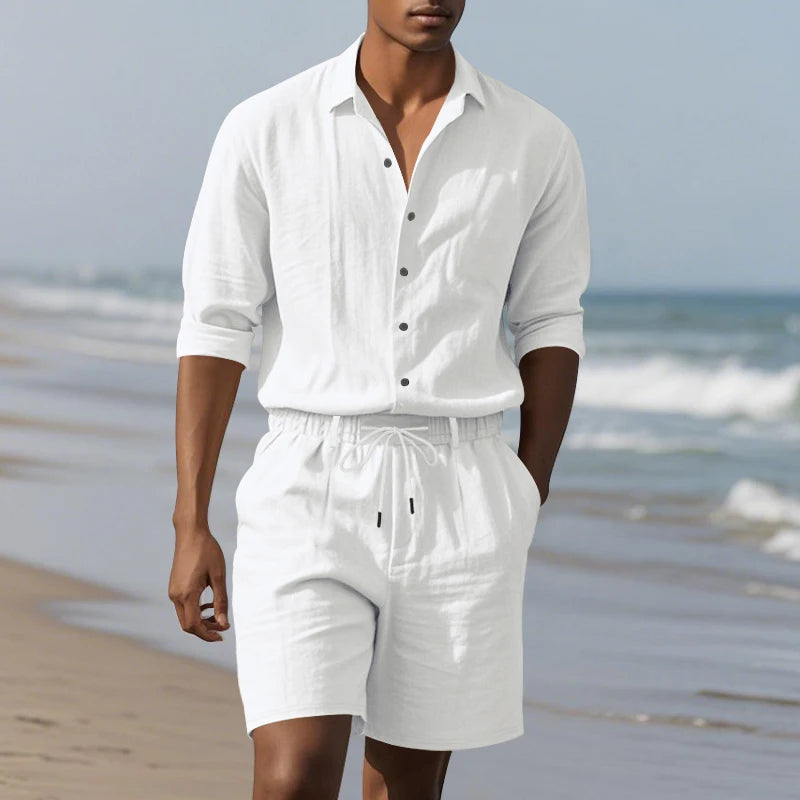 Men's Loose Trendy Linen Two-Piece Set: Shirt and Drawstring Shorts, Lightweight Summer Beach Casual Sports Outfit