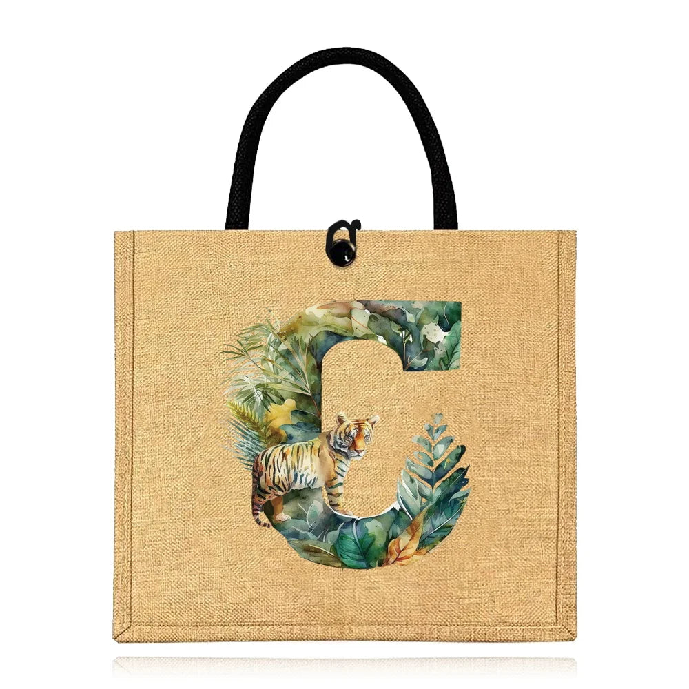 Flax Bag Fastener Handbag Organizer Storage Jute Tote Bags Imitation Cotton Women Valise Portable Jungle Tiger Printing Series