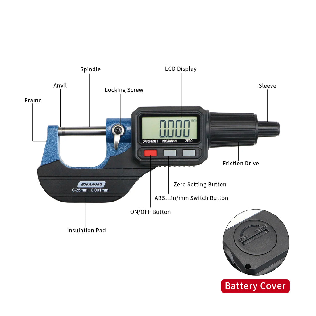 SHANHR 0-25mm Digital Micrometer Metric Inch Conversion ABS Function Large LCD Display Precision Micrometer Measuring Tool