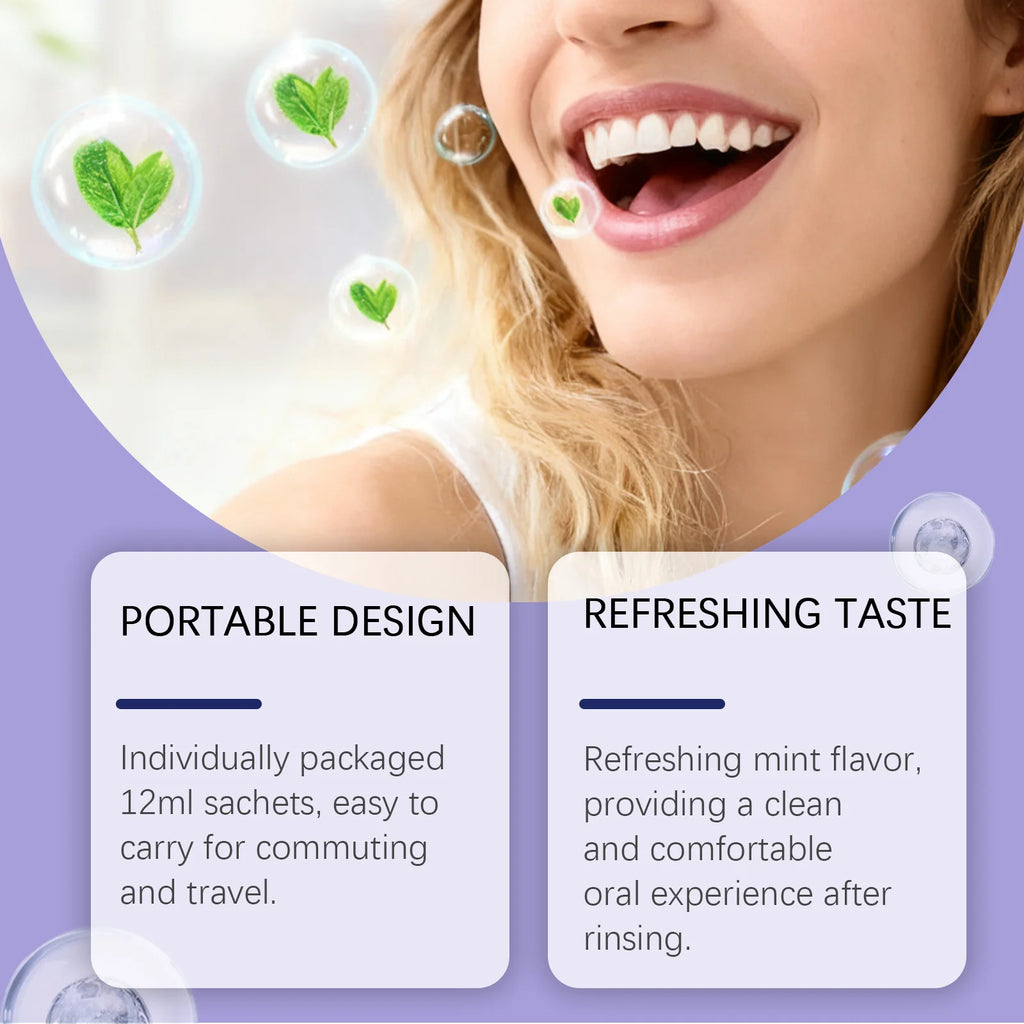 Purple Mouthwash Fresh Mint Flavor Gentle Formula Daily Oral Care Portable 20 Sachets Travel Size No Alcohol Quick Rinse 240ml