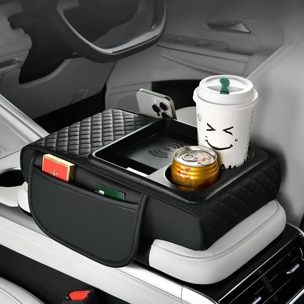 1 Car Armrest Box with Multiple Colors, Compatible with Apple and Huawei Wireless Charging, Comes with a Pack of Tissues and a Coaster