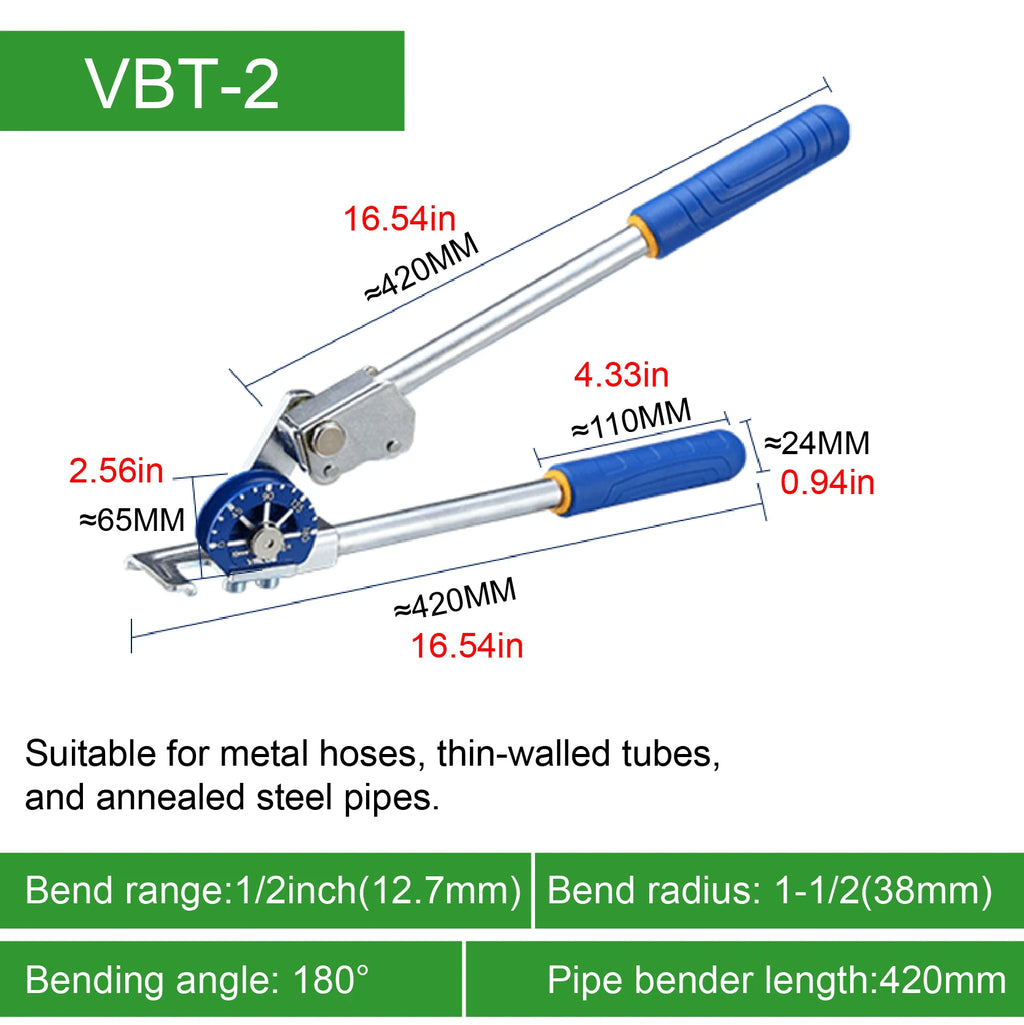 VBT Manual Tube Bender Pipe Diameter 9.25-22.22mm Bending Radius 0-180° Copper Tubing Tool Dual Roller Design for Plumbing Use