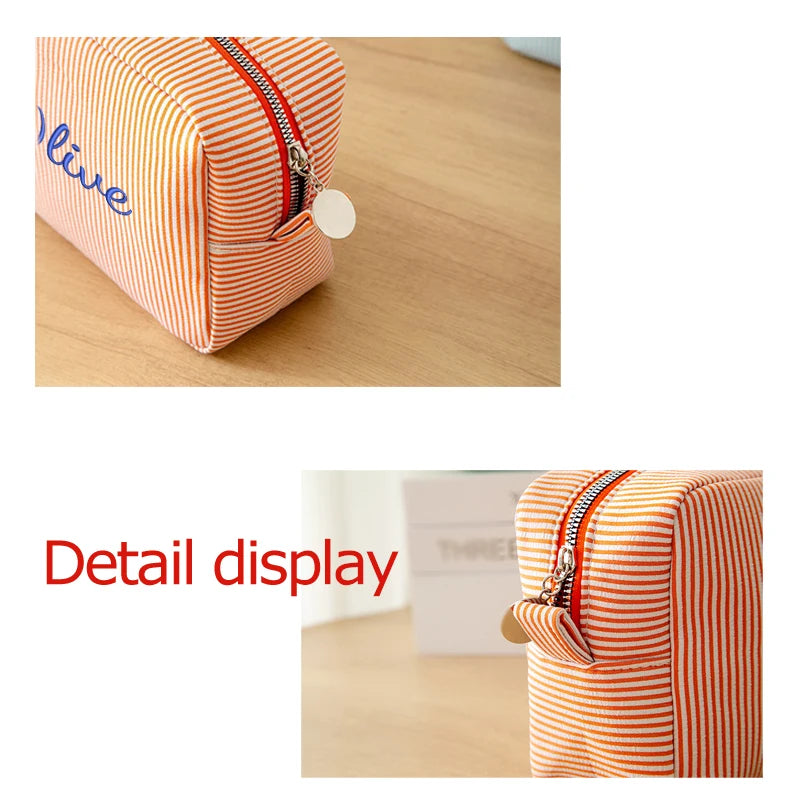 Customised Embroidery/Standard Style 2 Options, High-Look Striped Clutch, Large Capacity Makeup Bag, Back-to-School Season! Gift