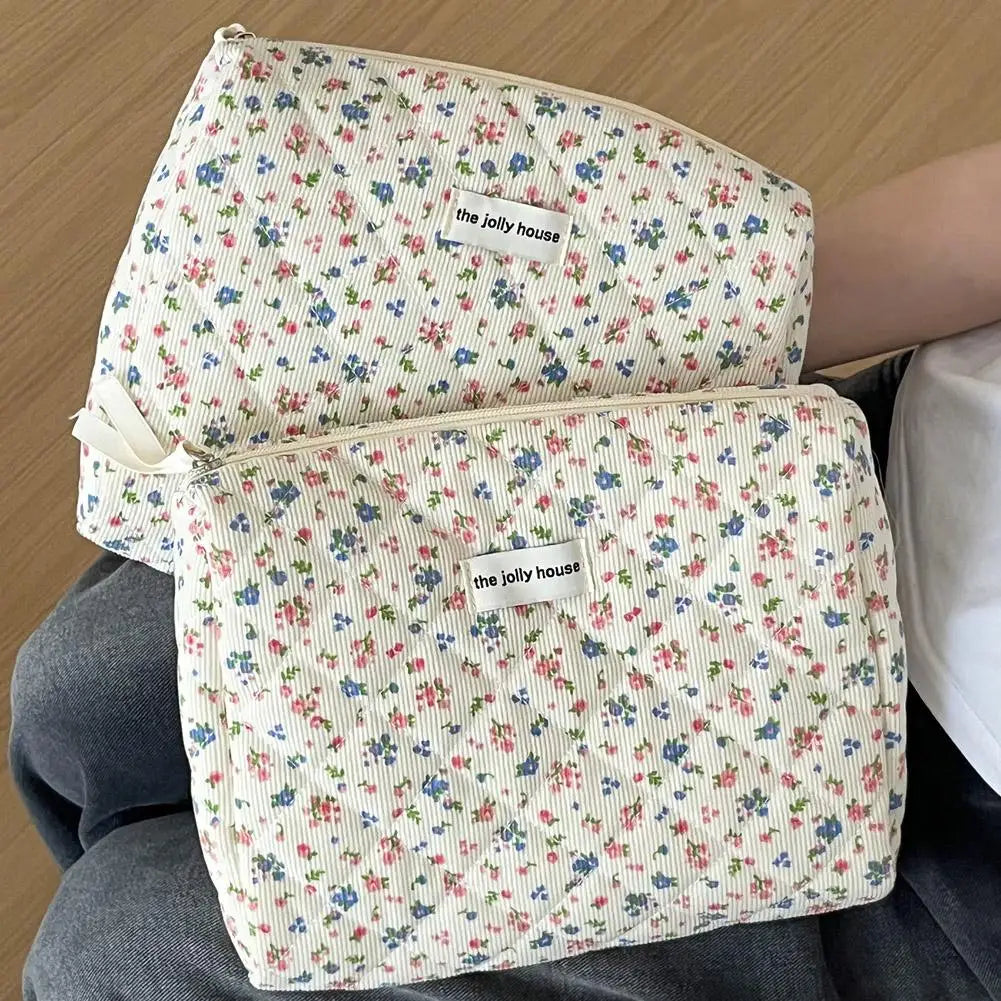 Flower Printed Puffy Quilted Zipper Makeup Bag Storage Organizer Toiletry Handbag Cosmetic Pouch Large Travel Cosmetic Bag